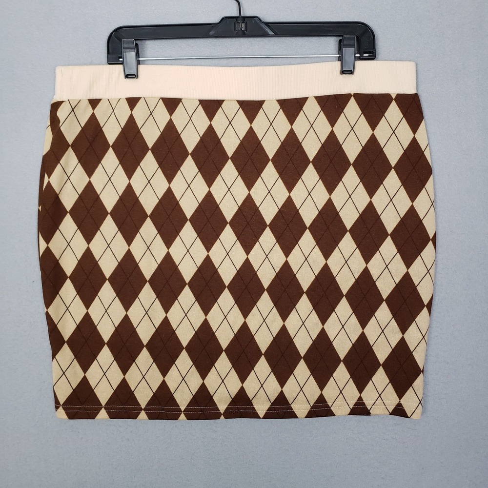 Argyle Print Knit Mini Skirt Brown Tan Diamond Check School Girl Academia Sz 3XL - Picture 2 of 7